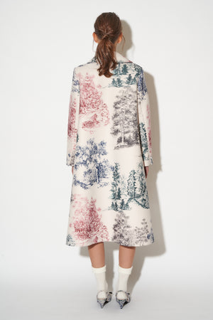 Long trapeze-cut coat with toile de Jouy pattern in woolen fabric