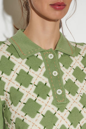 Hand-embroidered intarsia knit polo sweater