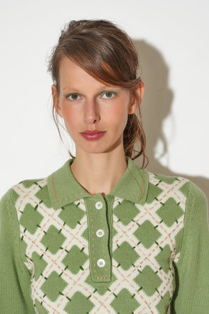 Hand-embroidered intarsia knit polo sweater