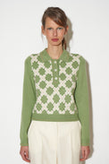 Hand-embroidered intarsia knit polo sweater