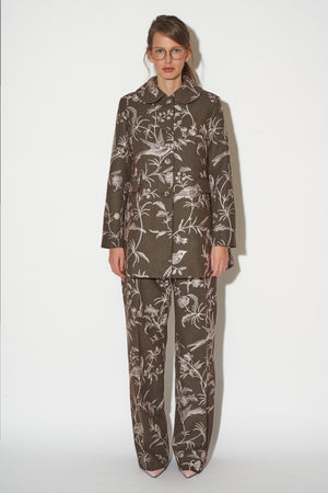 Flannel coat embroidered with floral and bird motifs