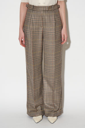 High-waisted pleated trousers in woven wool Prince of Wales pattern