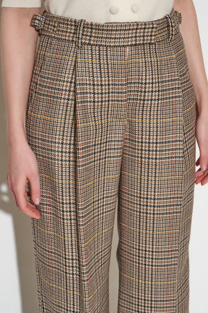 High-waisted pleated trousers in woven wool Prince of Wales pattern