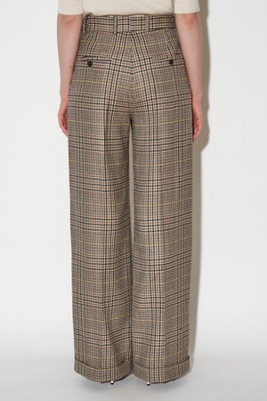 High-waisted pleated trousers in woven wool Prince of Wales pattern