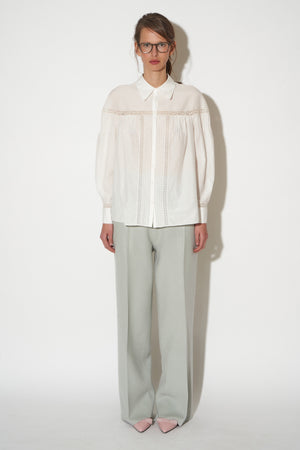 Straight-cut shirt with yokes and lace in cotton and silk poplin