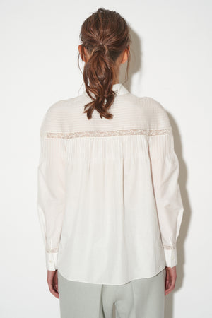 Straight-cut shirt with yokes and lace in cotton and silk poplin