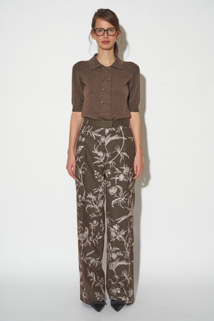 Flannel pants embroidered with floral and bird motifs