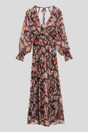 Robe longue en crepe de soie à l'imprimé floral - bordeaux