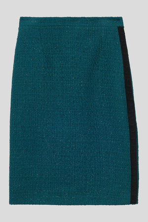 Jupe droite taille haute en tweed de laine lurex packshot - Bleu Canard