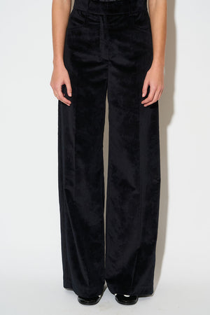 Pantalon en velours de coton marqué d'un motif floral embossé face - Noir