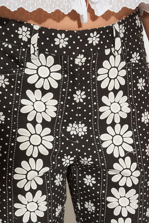 Pantalon coupe droite à motif floral détail - Noir