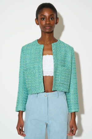 Short straight-cut jacket in lurex tweed