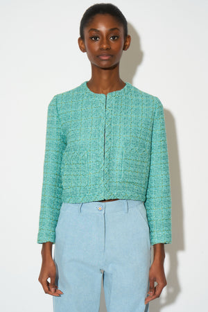 Short straight-cut jacket in lurex tweed