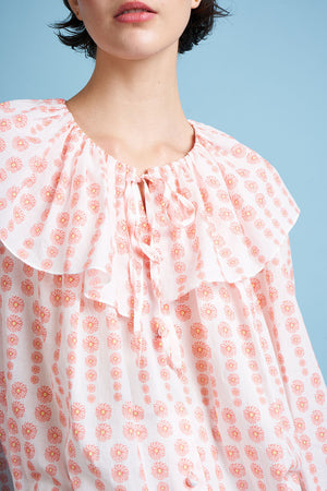 Blouse with large ruffles in cotton voile