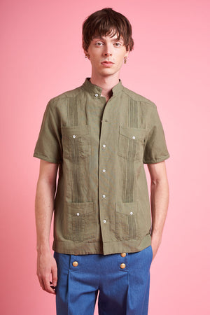 Short-sleeved shirt in cotton and linen canvas