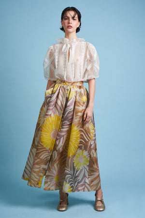 Long silk gazar skirt with floral print