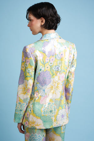 Straight-cut jacket with floral pattern printed on embroidered tulle with sequins