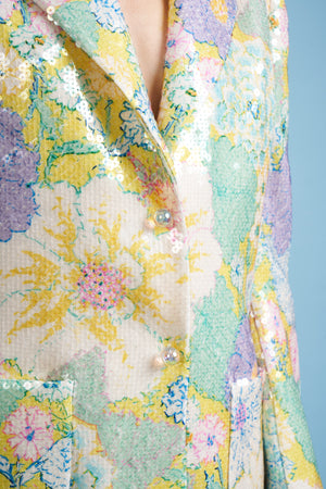 Straight-cut jacket with floral pattern printed on embroidered tulle with sequins