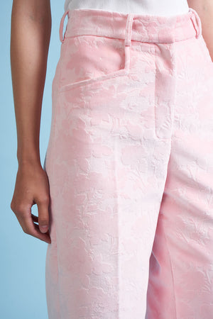 Pantalon en velours de coton marqué d'un motif floral embossé détail face - Rose