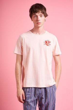 T-shirt en jersey de coton brodé face - Rose