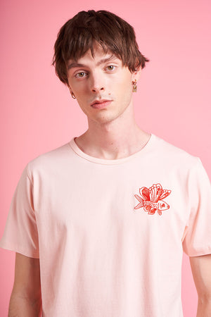 T-shirt en jersey de coton brodé close up - Rose
