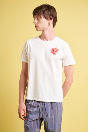 T-shirt en jersey de coton brodé profil - Ecru