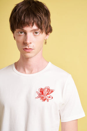 T-shirt en jersey de coton brodé close up - Ecru