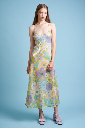 Midi length dress with floral pattern printed on tulle embroidered with sequins