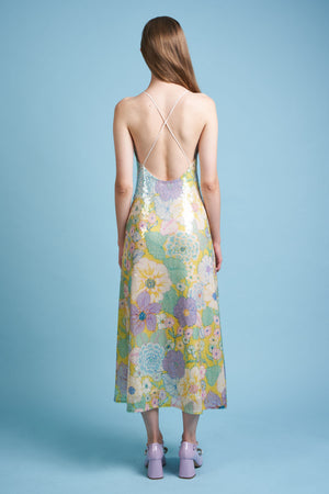 Midi length dress with floral pattern printed on tulle embroidered with sequins