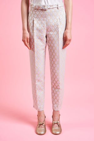 Capri-style pants in all-over floral jacquard