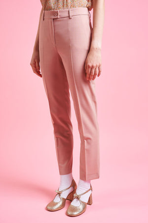 Pantalon fuselé longueur cheville en laine tropicale profil - Rose