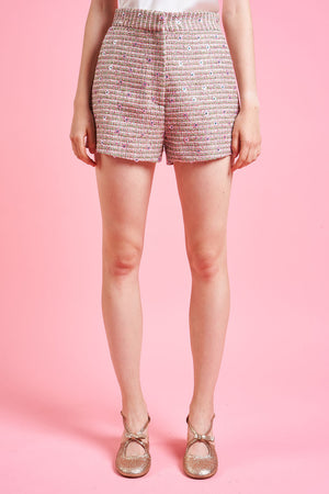 High-waisted embroidered tweed short shorts