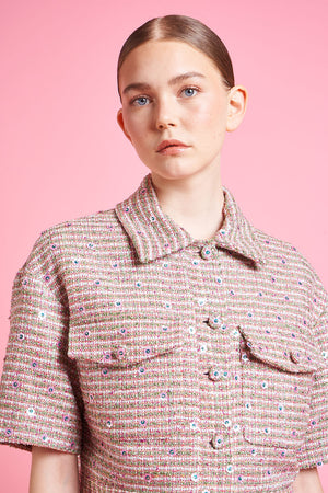 Short boxy fit jacket in embroidered tweed