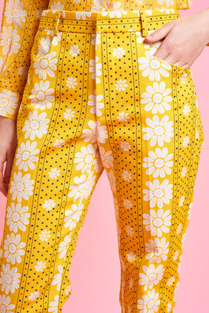 Pantalon coupe droite à motif floral détail - Jaune