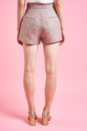 High-waisted embroidered tweed short shorts