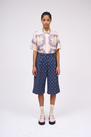 Jacquard denim pleated Bermuda shorts