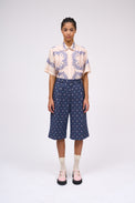 Jacquard denim pleated Bermuda shorts