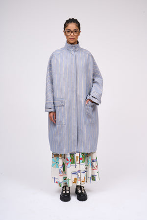 Parka with kimono sleeves in striped chambray canvas