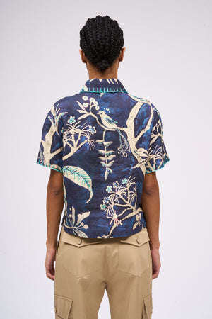 Short-sleeved printed linen shirt hand-embroidered