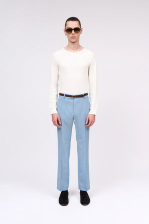 Straight cut striped wool twill pants