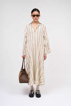 Long dress in washed cotton with stripes and hand embroidery