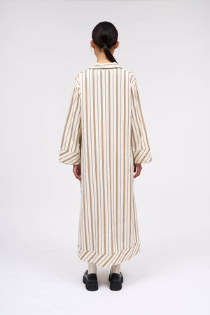 Long dress in washed cotton with stripes and hand embroidery