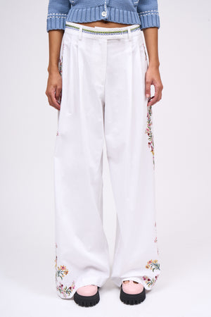 Wide pleated pants in hand-embroidered poplin