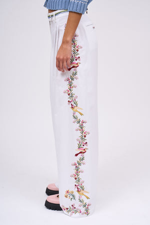 Wide pleated pants in hand-embroidered poplin