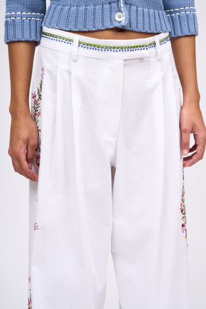 Wide pleated pants in hand-embroidered poplin