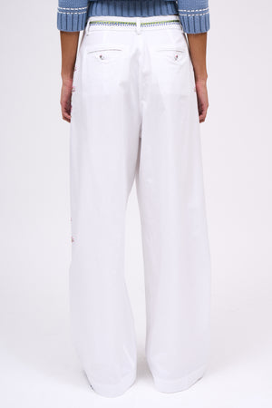 Wide pleated pants in hand-embroidered poplin