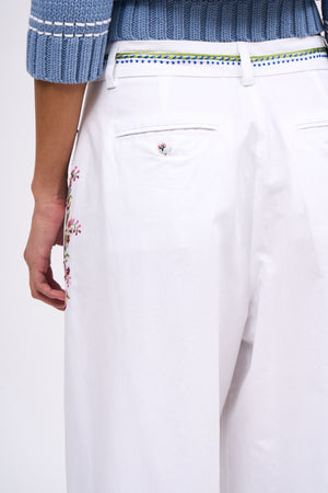 Wide pleated pants in hand-embroidered poplin