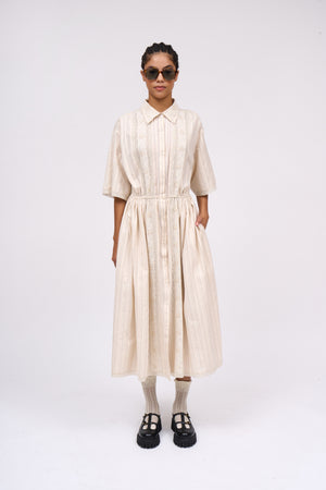 Striped cotton jacquard shirt dress with hand embroidery