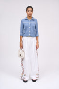 Wide pleated pants in hand-embroidered poplin