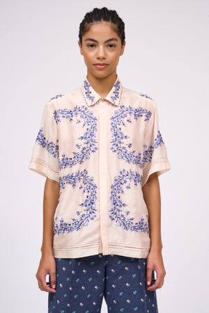 Hand-embroidered short-sleeved cotton voile shirt